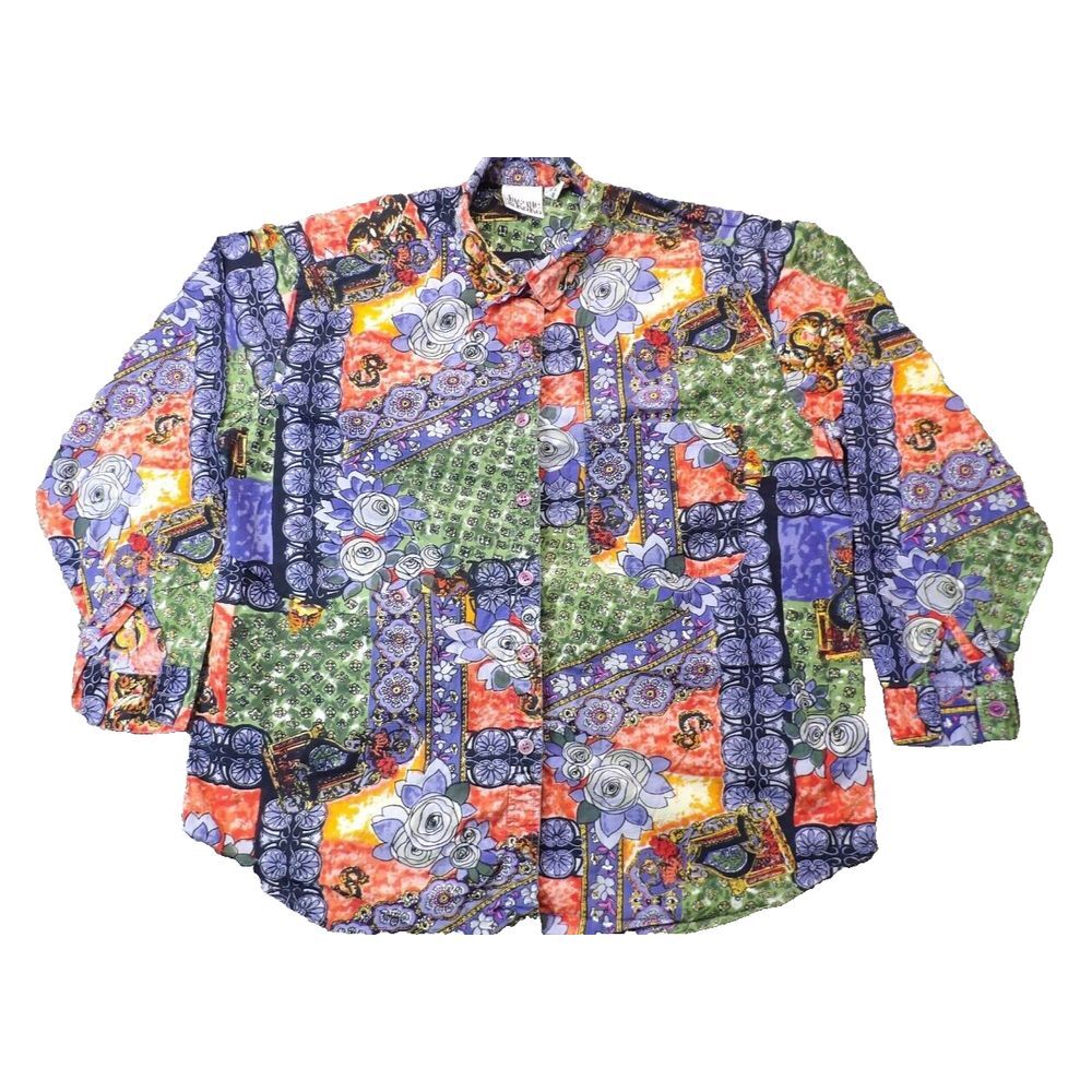 Jacque and Koko Vintage 80s -90s Floral Top Blue Plus Size 18-20 Nepal Cotton